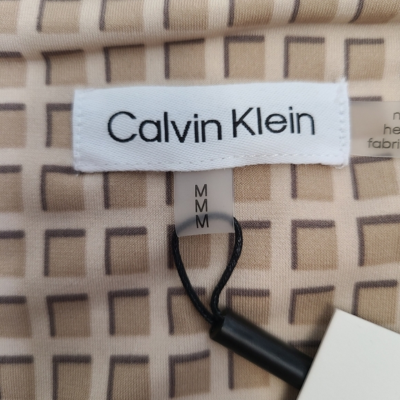 Calvin Klein Beige Checkered Square Print Accordion Pleated Sleeve Top Medium - Picture 8 of 12